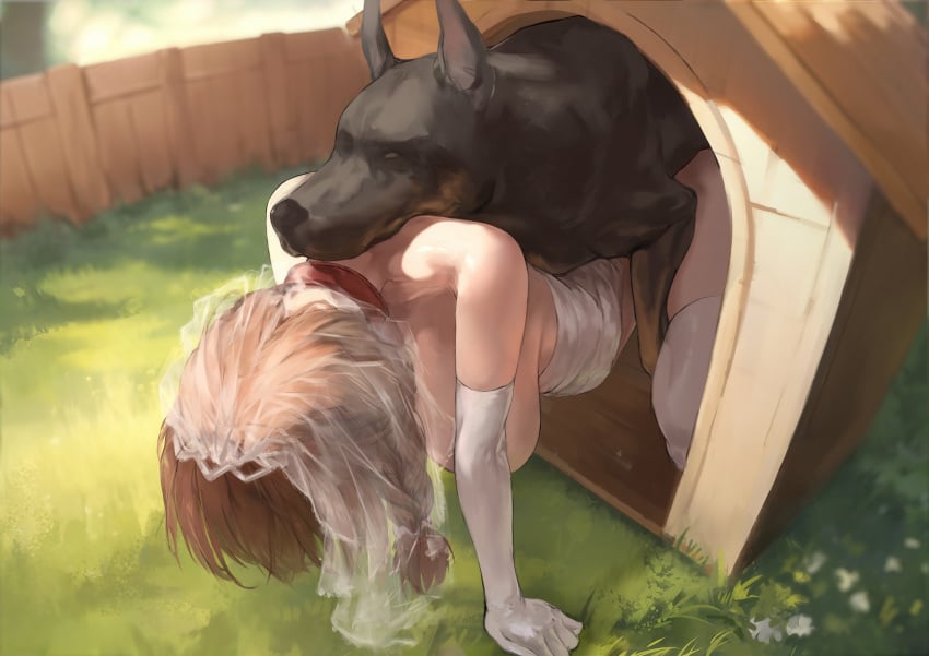 bestiality braid braided_hair breasts brown_hair brunette canine collar dog_house doggy_style doghouse female kennel light_skin original original_character outdoors polki sex uncensored wedding wedding_veil white_thighhighs zoophilia