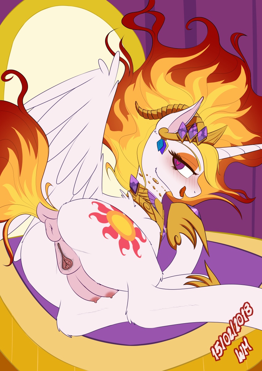 <3_eyes 2018 absurd_res alicorn animal_genitalia animal_pussy anus areola ass bedroom_eyes big_crotchboobs blush clitoral_winking clitoris crotchboobs crown cutie_mark dock equine equine_pussy erect_nipples eyebrows eyelashes eyeshadow feathered_wings feathers female feral flaming_hair friendship_is_magic hair half-closed_eyes heart hi_res horn inviting licking licking_lips looking_at_viewer looking_back lying makeup mammal mascara my_little_pony nightmare_star_(mlp) nipples nude on_side open_mouth princess_celestia_(mlp) puffy_anus purple_eyes pussy pussy_juice rear_view seductive slit_pupils solo tongue tongue_out urethra wings wolfmask