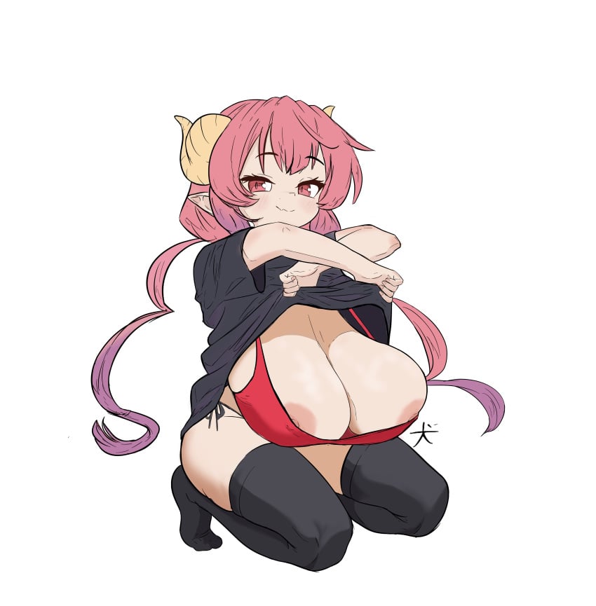 absurdres breast_slip breasts highres huge_breasts ilulu ilulu_(dragon_maid) ilulu_(maidragon) inu_(pixiv114656379) kobayashi-san_chi_no_maidragon large_breasts miss_kobayashi's_dragon_maid nipple_slip nipples shortstack smug