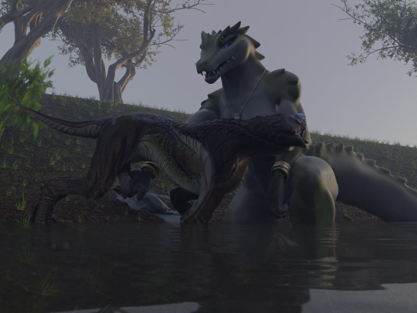 3d 4:3 animal_genitalia anthro balls black_body blue_eyes clothing clothing_aside crocodilian cthulhu_mythos digital_media_(artwork) duo female feral flailingfornication genitals grass green_body h._p._lovecraft hi_res hound_of_tindalos jewelry kroxigor_(vulgarvictor) looking_at_another nude obscured_genitals outside partially_submerged penis plant reptile scalie sheath smile smiling_at_another standing tail teeth touching_penis tree