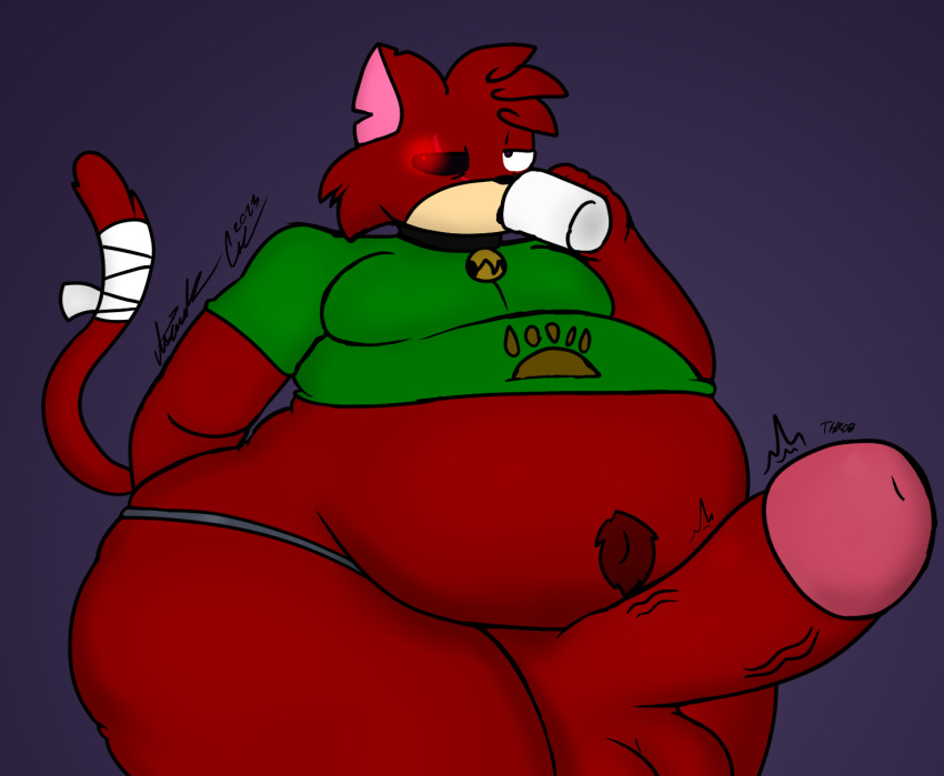 2023 anthro belly big_belly big_penis black_sclera clothed clothing collar container cup dark_leago_(leago100) domestic_cat drinking eye_scar facial_scar felid feline felis genitals glowing glowing_eyes half-closed_eyes hand_holding_object hi_res holding_container holding_cup holding_mug holding_object huge_belly huge_cock isaiahtse looking_at_viewer male mammal mug narrowed_eyes overweight panties penis purple_eyes raised_clothing raised_shirt raised_topwear red_eyes scar shirt solo thick_thighs topwear underwear wide_hips