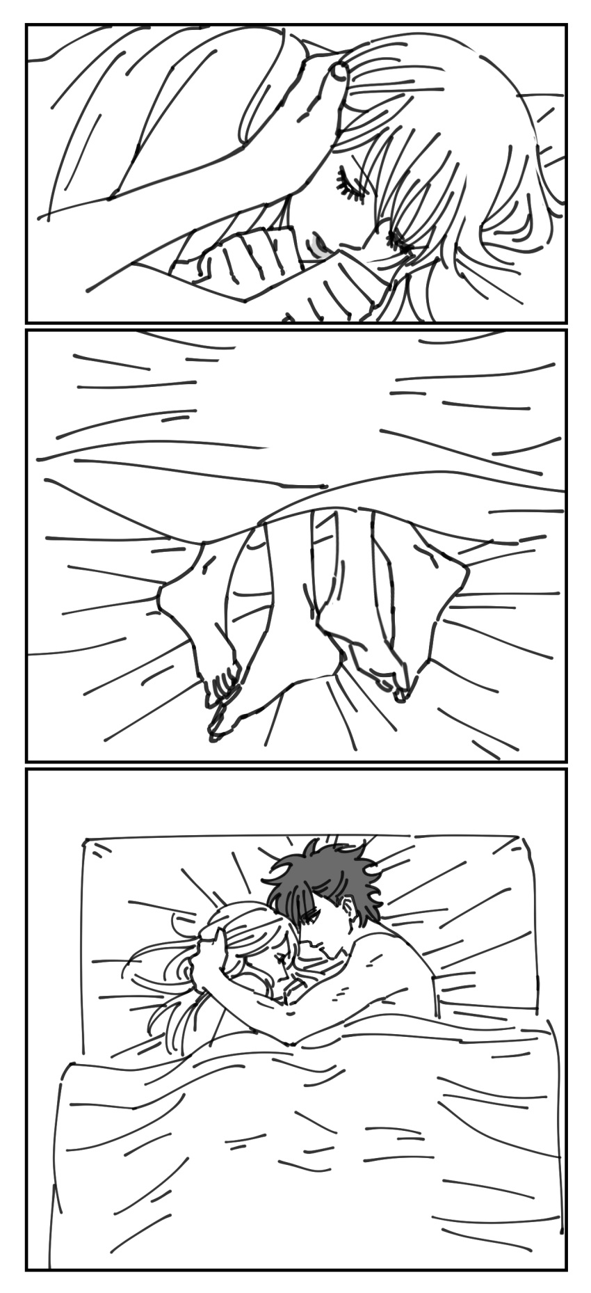 1boy 1girls after_sex chi_c_lov comic female futon gintama hand_on_another's_head in_bed kawakami_bansai kijima_matako long_hair looking_at_another male monochrome morning_after nude on_bed sleeping wholesome