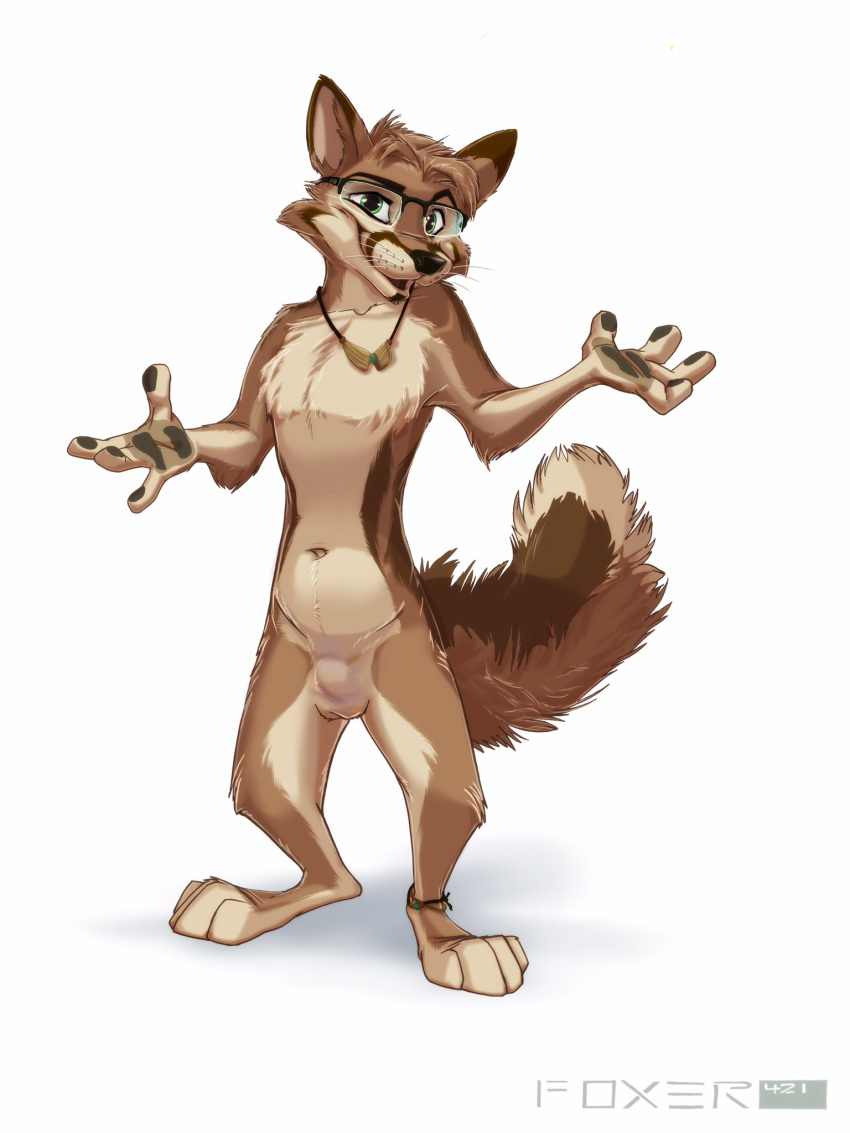 1boy 2018 4_fingers 4_toes animal_genitalia anthro barefoot brown_fur canine fox foxer421 fur furry glasses green_eyes hair hindpaw looking_at_viewer male male_only mammal navel no_nipples nude open_mouth original_character pawpads paws sheath simple_background smile solo standing testicles text toes watermark