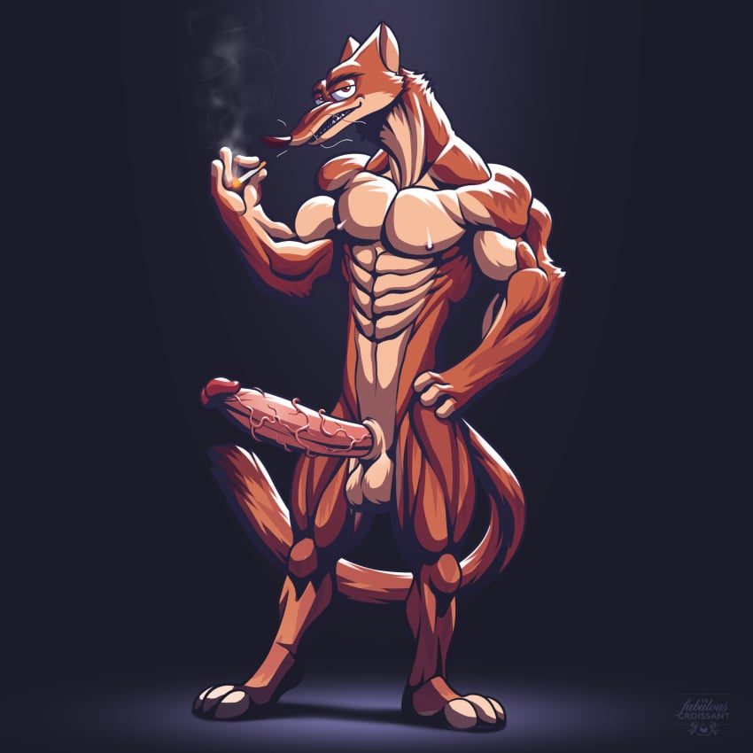 cigarette disney duke_weaselton hyper male male_only mammal muscular mustelid nude penis slim smoke smoking solo tall testicles the_fabulous_croissant weasel zootopia