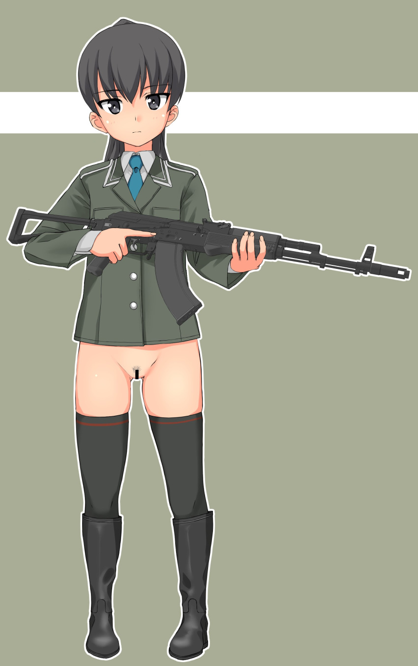 bar_censor black_hair black_legwear bottomless casual_exposure censored expressionless female gun jpeg_artifacts necktie ponytail pubic_hair pussy solo takafumi thighhighs trigger_discipline uniform weapon zenra