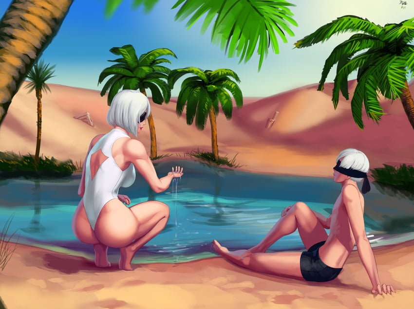 1boy 1girls aka6 ass blindfold dat_ass desert duo feet hand_on_knee hand_on_own_knee leotard nier nier:_automata oasis one-piece_swimsuit palm_tree pond smile squat squatting straight swimsuit tagme thong_leotard water water_drop white_hair yorha_2b yorha_9s