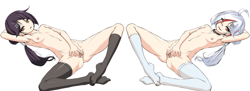 2girls aegis_(nerocc) ahoge anchor arm_behind_head armpits azur_lane bandaid bandaid_on_face black_hair black_legwear breasts cassin_(azur_lane) censored collar collarbone downes_(azur_lane) eyebrows_visible_through_hair female hair_ornament heterochromia long_hair looking_at_viewer looking_to_the_side lying mole mole_under_eye mosaic_censoring multiple_girls navel nipples on_back parted_lips pussy red_eyes red_hair simple_background small_breasts spread_legs spread_pussy streaked_hair toe_socks toes white_background yellow_eyes