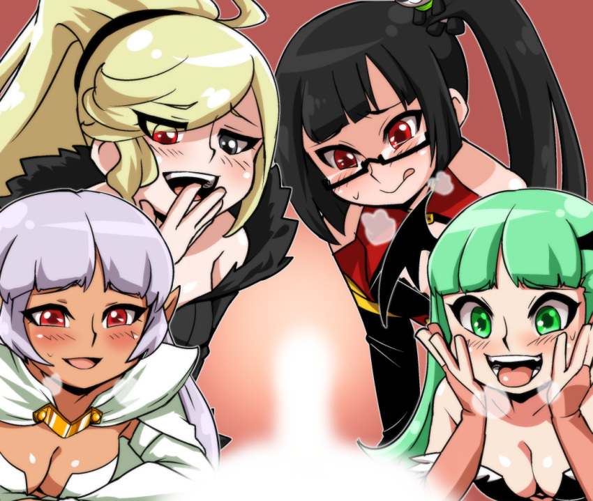 1boy 4girls :d arcana_heart arcana_heart_2 bangs bare_shoulders bat_wings black-framed_eyewear black_hair black_wings blazblue blunt_bangs blush breasts breath bridal_gauntlets cleavage clothing collarbone dark_elf dark_skin darkstalkers demon_girl elf erection eyebrows eyebrows_visible_through_hair eyelashes glasses green_eyes green_hair hand_to_own_mouth hands_on_own_cheeks hands_on_own_face head_wings heart heart_cutout heavy_breathing heterochromia high_ponytail hilda_(under_night_in-birth) hiru_made_ne-tarou lao_jiu litchi_faye_ling long_hair medium_breasts morrigan_aensland multiple_girls open_mouth outline panda parace_l'sia parted_bangs penis penis_awe pointy_ears purple_hair red_eyes semi-rimless_eyewear side_ponytail small_breasts smile succubus swept_bangs teeth tongue tongue_out under-rim_eyewear under_night_in-birth white_outline wings