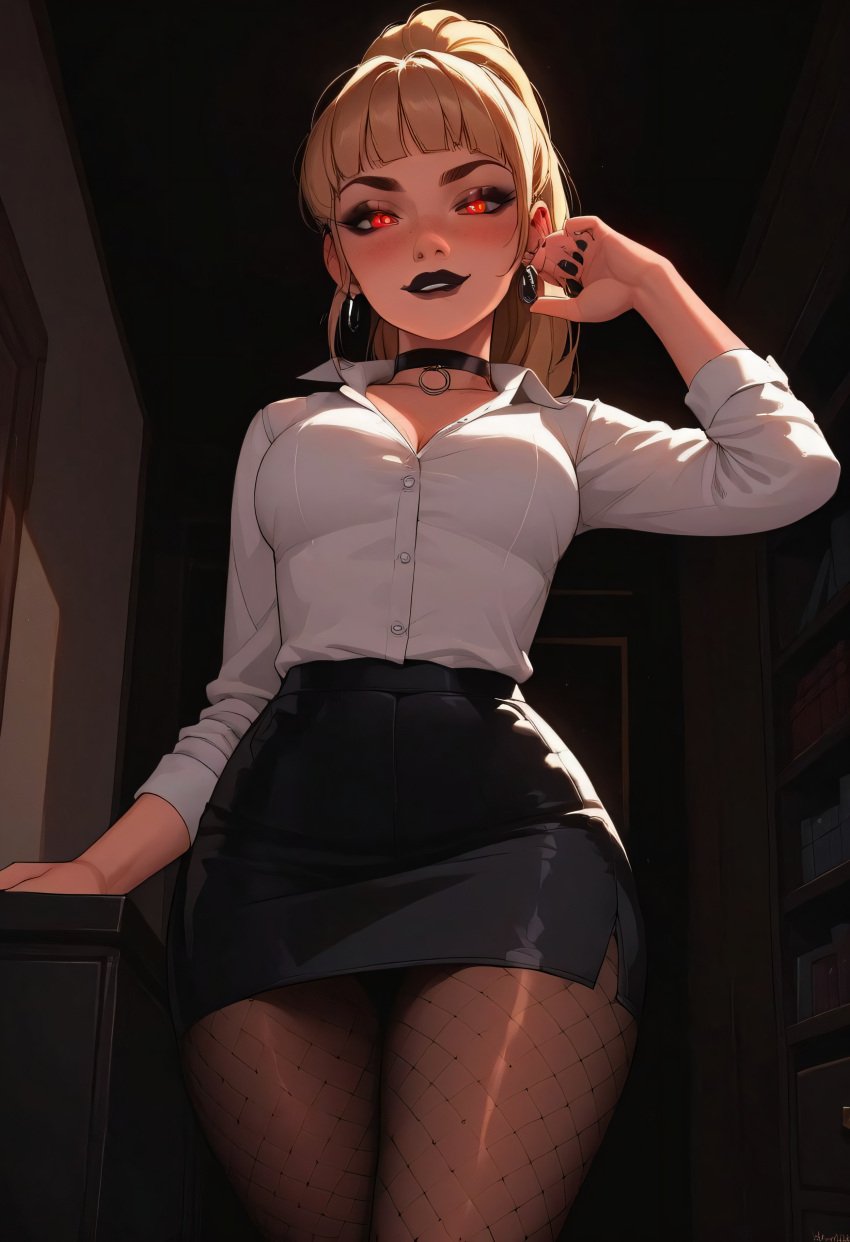 1girls ai_generated big_breasts blonde_hair business_suit business_woman female goth_girl hi_res high_resolution highres sarcos_ seductive skirt stable_diffusion