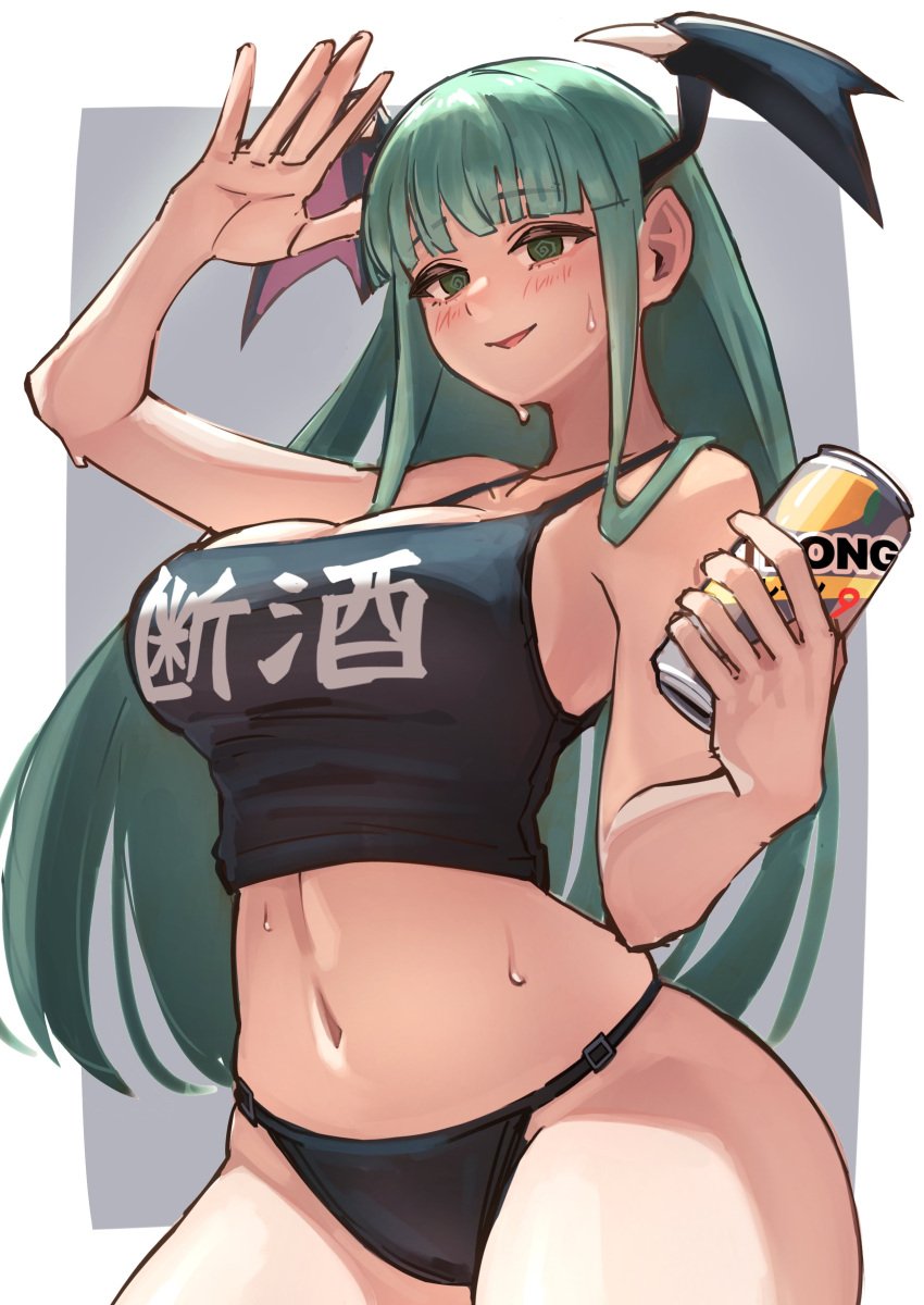 1girls ap_cammy belly breasts darkstalkers green_hair light_blush morrigan_aensland succubus sweat sweatdrop swirly_eyes tank_top thick_thighs thighs