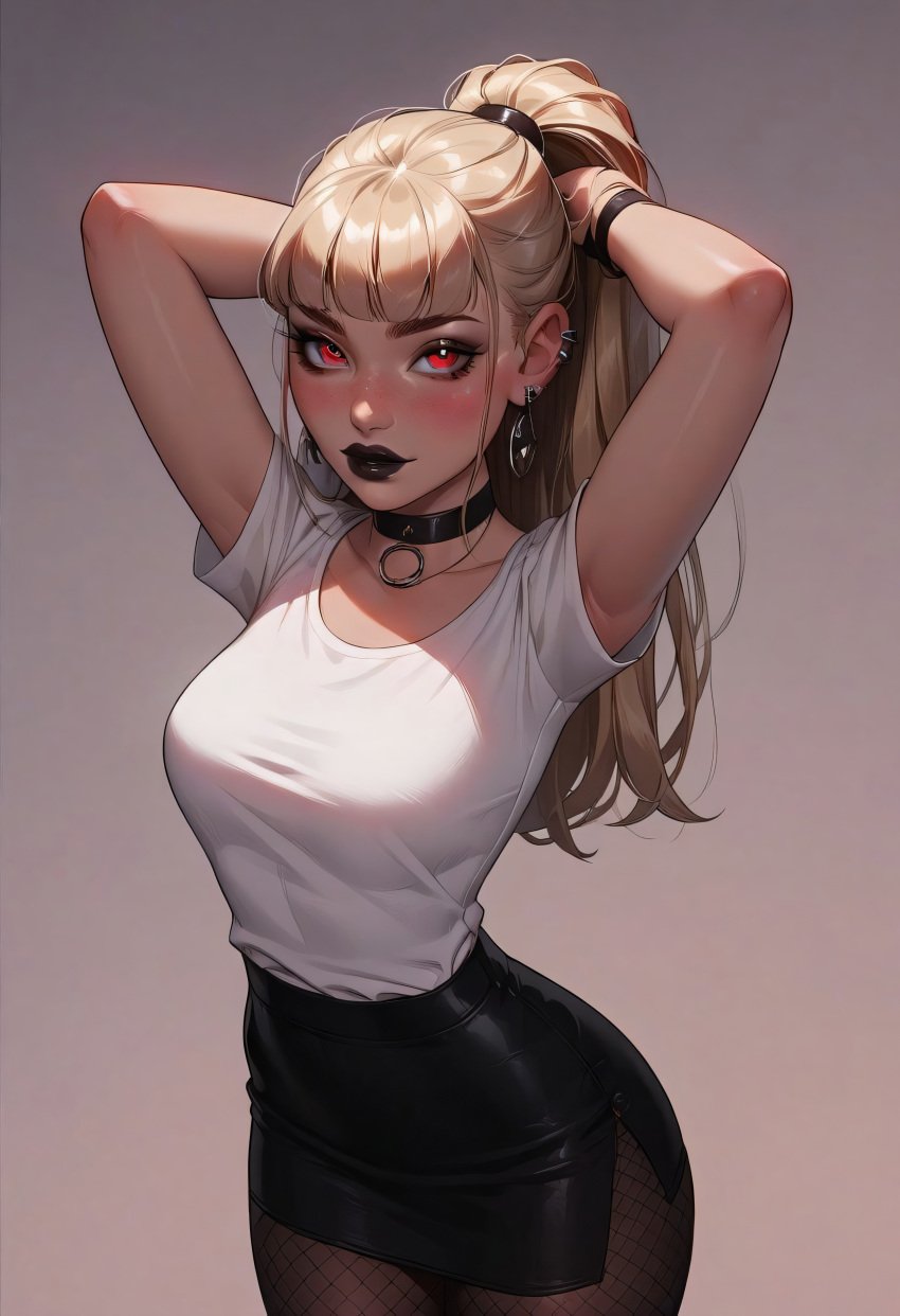 1girls ai_generated big_breasts blonde_hair business_suit business_woman female goth_girl hi_res high_resolution highres sarcos_ seductive skirt stable_diffusion