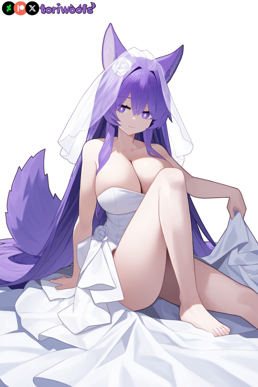 1girls :3 ai_generated big_breasts breasts curvy cute dog_ears dog_girl doggirl female female_focus female_only highres hips huge_boobs huge_breasts kemonomimi light_skin light_skinned_female long_hair patreon_username petgirl petite purple_ears purple_eyes purple_hair purple_tail thick_thighs thighs tori toriwoofs watermark wavy_hair wedding_dress white_skin white_skinned_female wide_hips wolf_ears