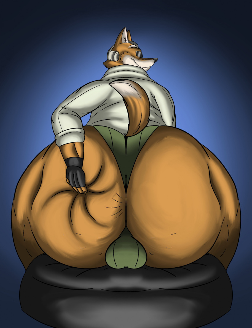 anthro ass balls_outline big_butt bulge butt_focus canid canine clothed clothing detailed_bulge fox genital_outline hand_on_butt hi_res james_mccloud looking_back male mammal nintendo partially_clothed presenting presenting_hindquarters sitting solo star_fox sunflower_fox thick_thighs