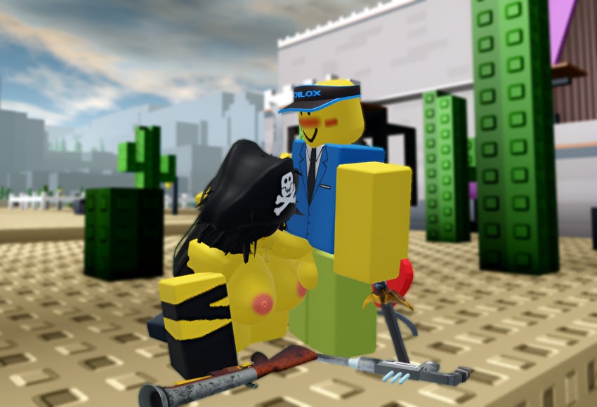 1boy 1girls 3d bandages black_bandages black_hair blowjob blunderbuss blush captain_(combat_initiation) combat_initiation female flintlock genderswap_(mtf) hat male outside pirate pirate_hat roblox roblox_game rule_63 self_upload sex sword wompwompsad yellow_body yellow_skin