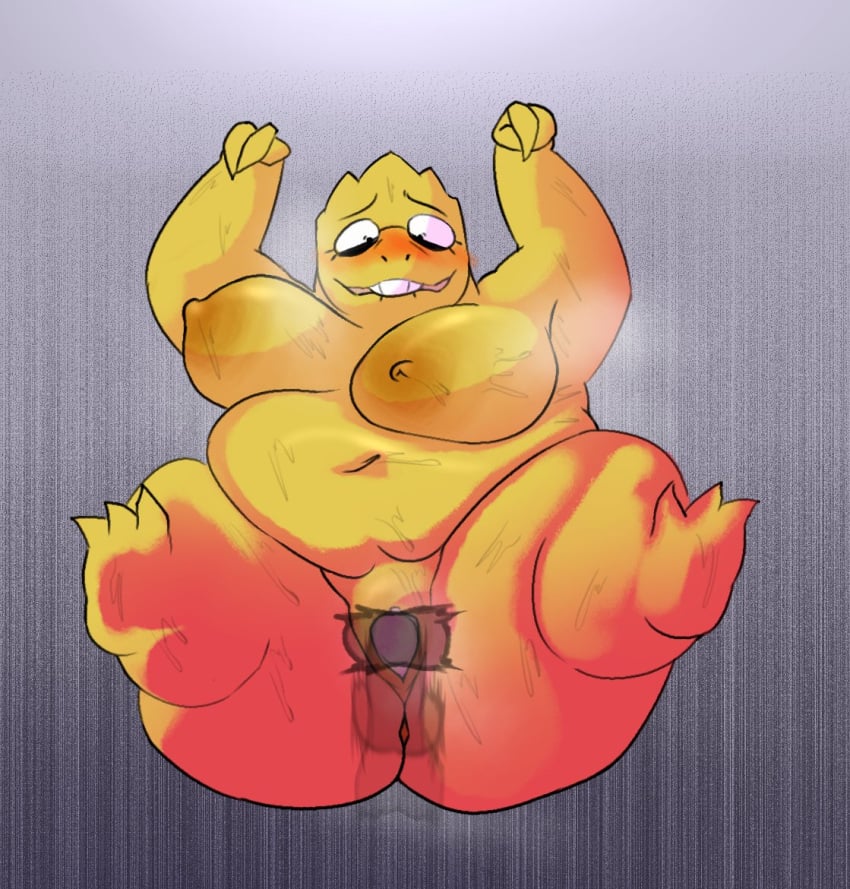 alphys anthro big_breasts blush bodily_fluids breasts buckteeth disembodied_penis duo eyewear female genitals glasses male male/female musk musk_clouds nipples overweight overweight_female oxkingky penis solo_focus spread_legs spreading sweat tail teeth thrusting undertale undertale_(series) yellow_body