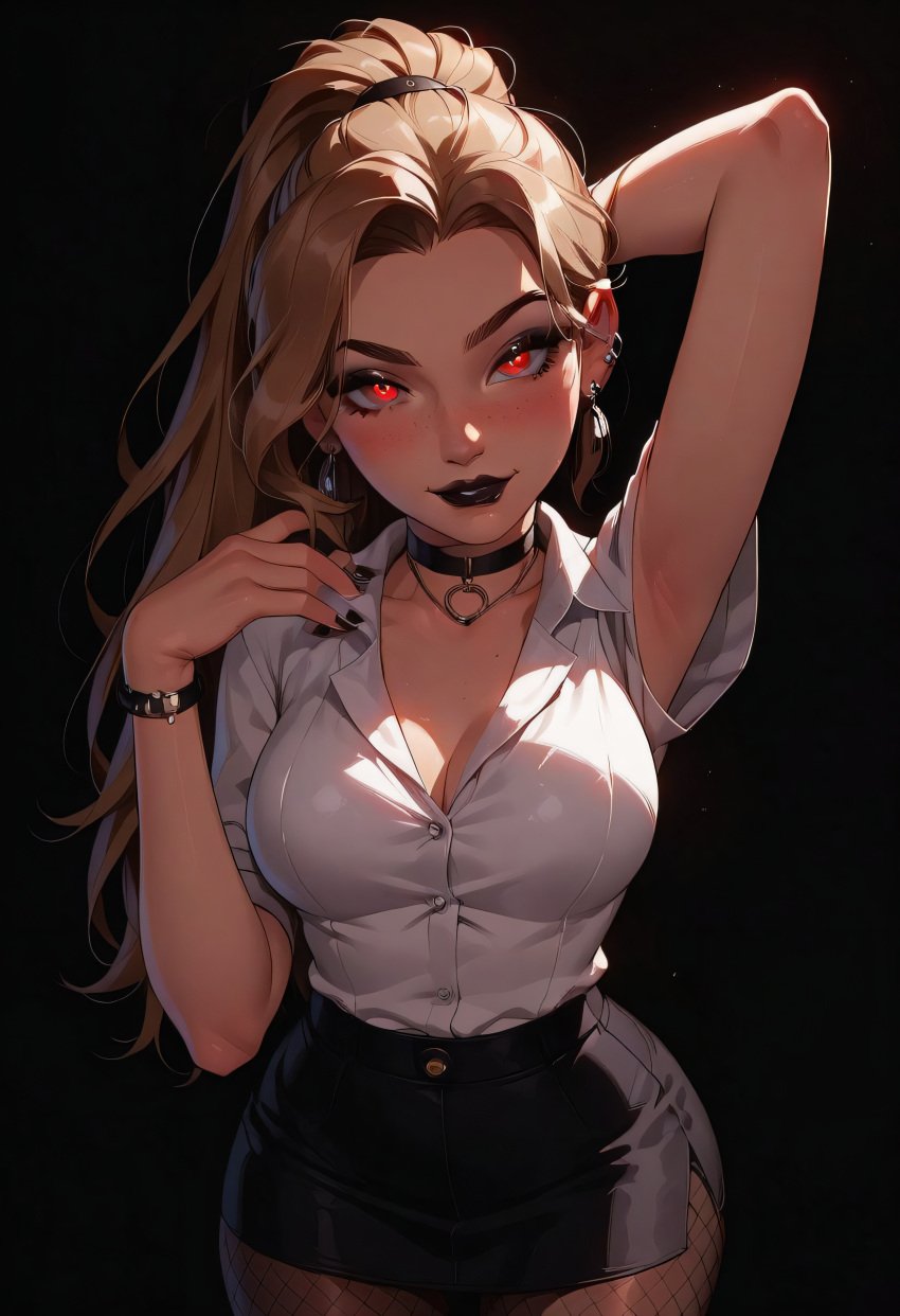 1girls ai_generated big_breasts blonde_hair business_suit business_woman female goth_girl hi_res high_resolution highres sarcos_ seductive skirt stable_diffusion