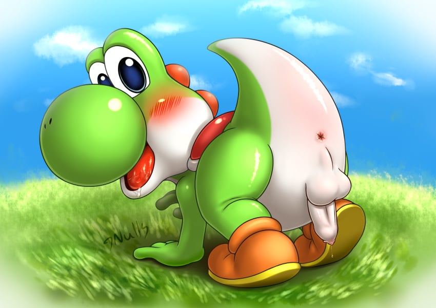 1boy 7nulls absurd_res all_fours anus ass balls blush foreskin full_body grass hi_res looking_at_viewer looking_back male male_only mario_(series) nintendo open_mouth outdoors penis precum presenting saliva sky solo tail testicles uncut video_games yoshi