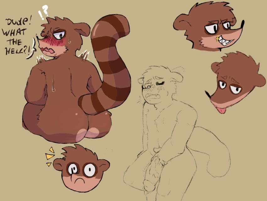 anthro ass cartoon_network caught_staring embarrassed looking_at_viewer male male_focus mammal masturbation momoskinks nude procyonid raccoon raised_tail regular_show rigby_(regular_show) solo solo_focus tail