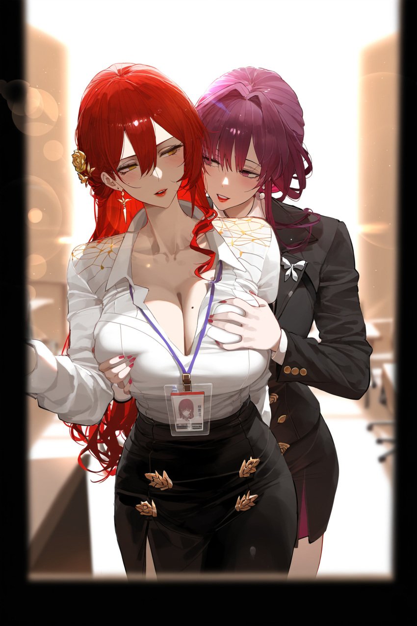 2girls ai_generated business_attire grabbing_another's_breast himeko_(honkai:_star_rail) honkai:_star_rail honkai_(series) hoyoverse kafka_(honkai:_star_rail) yuri