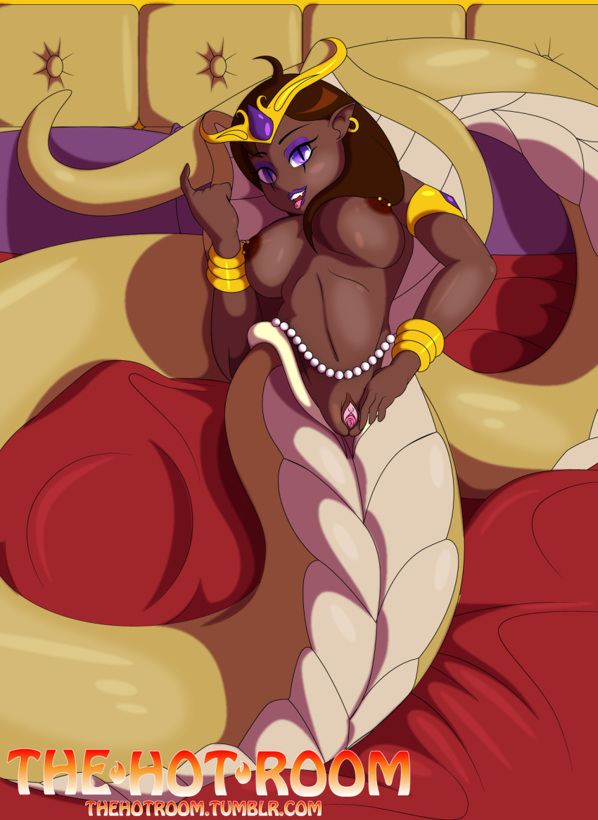 breasts brown_hair brown_nipples clitoris dark-skinned_female dark_skin dekomaru female hair humanoid inviting lamia nipple_piercing nipples piercing purple_eyes pussy reptile scalie slit_pupils snake solo thehotroom tongue tongue_out