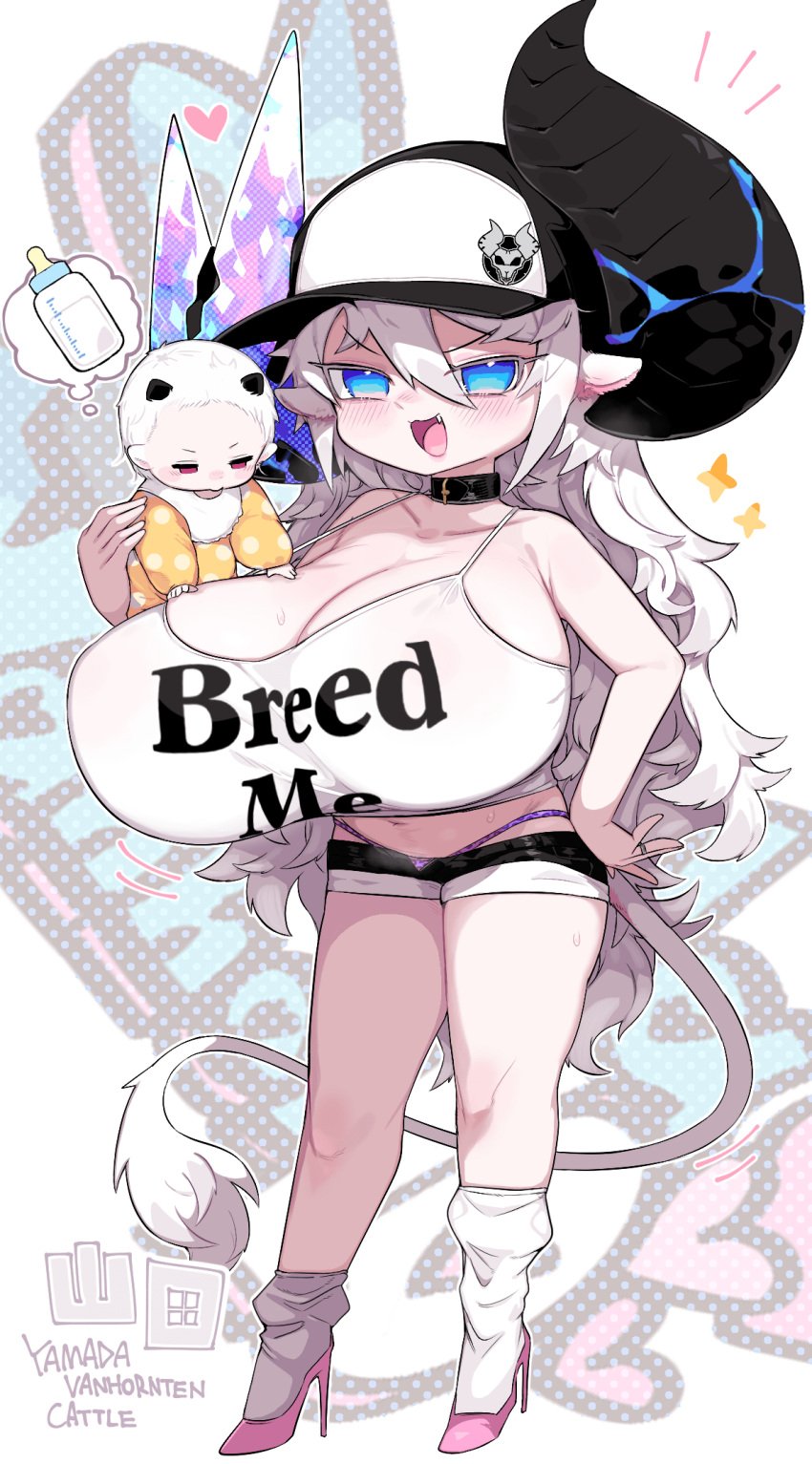 animal_ears bare_shoulders black_choker blue_nails blush breasts breasts_bigger_than_head broken_horn choker cleavage closed_eyes cow_ears cow_girl dress female food food_in_mouth gigantic_breasts heart heart_necklace horns jewelry massive_breasts mato_tsuyoi nail_polish necklace original purple_dress shortstack white_background white_hair yamada_vanhouten