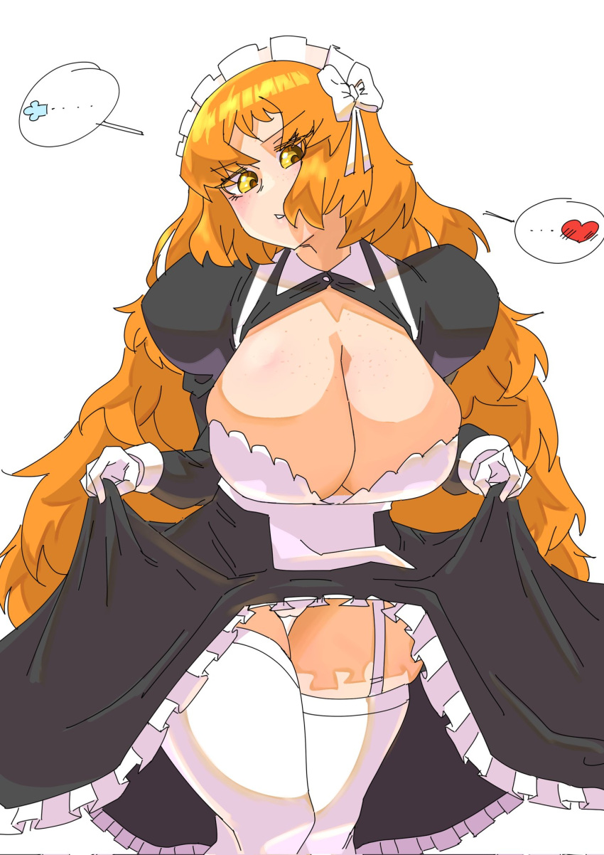 1girls big_breasts blush breasts cleavage cleavage_cutout dress_lift female female_only freckles freckles_on_breasts freckles_on_face garter_straps huge_breasts ishmael_(limbus_company) limbus_company literature long_hair maid maid_headdress maid_uniform oldowan orange_hair project_moon public_domain solo spoken_heart thick_thighs thighhighs very_long_hair white_background white_legwear yellow_eyes