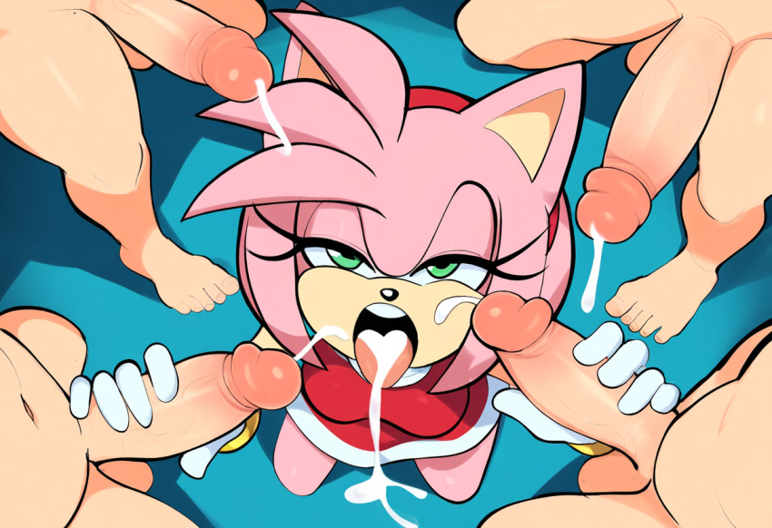 1girls 4boys after_fellatio after_oral ai_generated amy_rose big_penis cum cum_in_mouth female from_above furry furry_female group group_sex high-angle_view huge_cock human human_on_anthro mullon multiple_boys novelai penis sega sonic_(series) sonic_the_hedgehog_(series) surrounded surrounded_by_penises tongue tongue_out