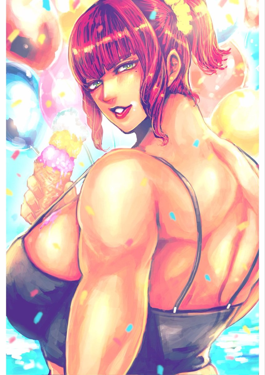 1girls abs bangs big_breasts blush breasts clavicle clothing cowboy_shot diagonal_bangs female green_eyes highres holding_food holding_ice_cream holding_object huge_breasts ice_cream large_breasts looking_at_viewer looking_back marisa_rossetti mole mole_under_eye muscle muscular muscular_female navel open_mouth pectorals red_hair revealing_clothes short_hair sideboob sidelocks smile solo solo_female spread_legs street_fighter street_fighter_6 thick_thighs thighs white_background zmnjo1440