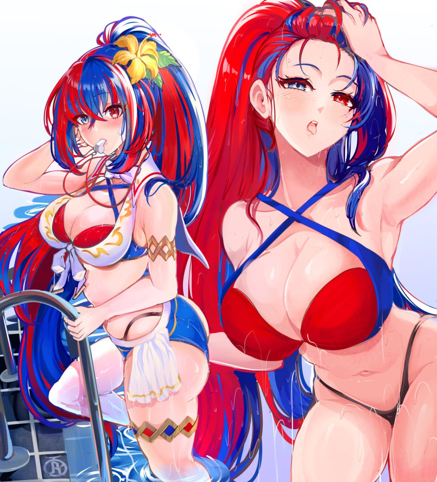 1girls alear_(female)_(fire_emblem) alear_(female)_(seaside_dragon)_(fire_emblem) alear_(fire_emblem) alternate_costume alternate_hairstyle ass bikini blue_bikini blue_eyes blue_hair blue_swimsuit breasts cleavage crossed_bangs female female_only fire_emblem fire_emblem_engage fire_emblem_heroes hair_slicked_back heterochromia highres large_breasts long_hair looking_at_viewer multicolored_clothes multicolored_hair naughty_face nintendo official_alternate_costume official_alternate_hairstyle ponytail red_bikini red_eyes red_hair red_swimsuit revolverwingstudios solo split-color_hair swimsuit two-tone_hair very_long_hair wet whistle white_bikini white_swimsuit