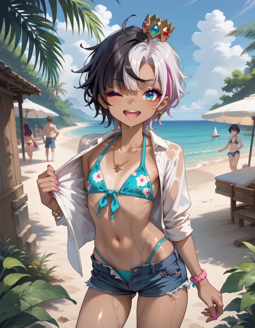 ai_generated asexual beach crown e-sekai flat_chest gyaru heterochromia idol-en idol_corp multicolored_hair rin_penrose swimsuit tan_skin virtual_youtuber vtuber