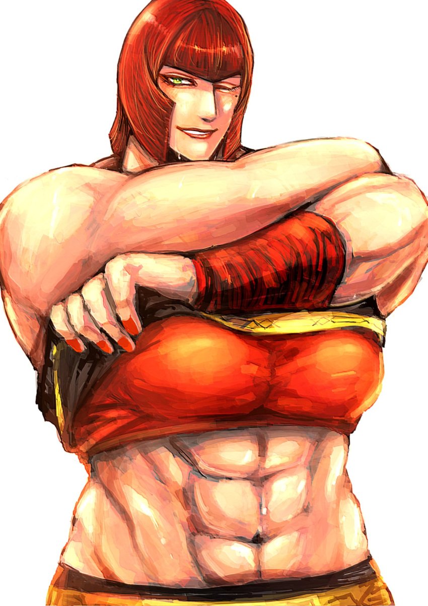 1girls abs bangs big_breasts blush bra bra_lift breasts clavicle clothing cowboy_shot diagonal_bangs female green_eyes highres huge_breasts large_breasts lifted_by_self looking_at_viewer marisa_rossetti mole mole_under_eye muscle muscular muscular_female navel one_eye_closed open_mouth pectorals red_hair revealing_clothes shirt_lift short_hair sidelocks smile solo solo_female spread_legs street_fighter street_fighter_6 thick_thighs thighs undressing white_background zmnjo1440