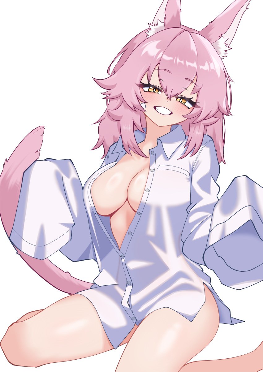 bandage cat_ears cat_tail catgirl cleavage duel_monster female golden_eyes large_breasts loose_clothes oldsickkim oversized_clothes smile tri-brigade_kitt yu-gi-oh!