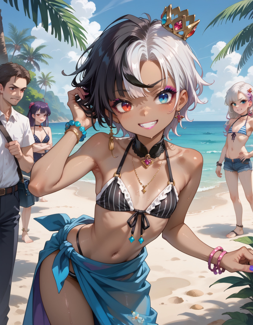 ai_generated asexual beach crown e-sekai flat_chest gyaru heterochromia idol-en idol_corp multicolored_hair rin_penrose swimsuit tan_skin virtual_youtuber vtuber