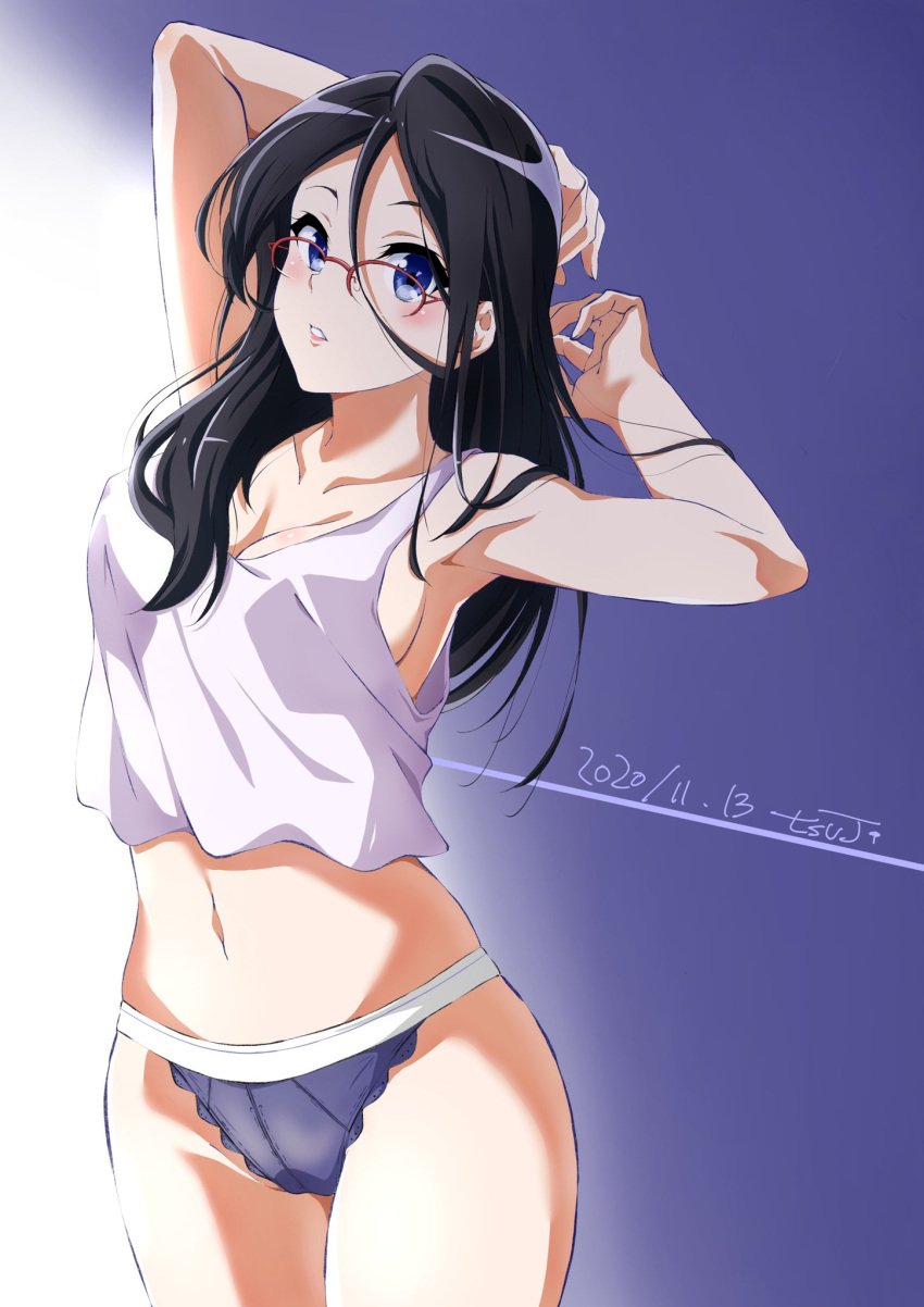 armpits arms_up bare_arms bare_belly bare_legs bare_shoulders bare_thighs belly_button big_breasts black_hair blue_eyes blush breasts camisole cleavage collarbone glasses hibike!_euphonium lipstick long_hair midriff open_mouth panties purple_panties sideboob tanaka_asuka thighs tsuji643163271 white_camisole