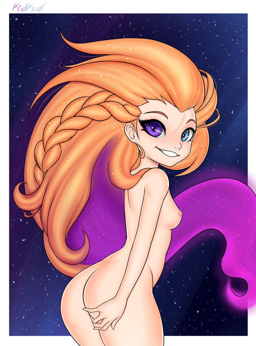 ass blue_eyes braid breasts female gradient gradient_hair hand_on_ass heterochromia highres kidkuo kisskuo league_of_legends long_hair looking_back nude orange_hair purple_eyes purple_hair riot_games sideboob smile solo two_tone_hair very_long_hair zoe_(league_of_legends)