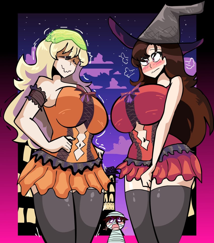 2girls animal_humanoid belly big_ass big_breasts big_butt black_stocking black_stockings blonde_hair breasts brown_eyes brown_hair embarrassed full_color full_colour halloween halloween_costume halloween_decoration halloween_theme hat hino_hitomi hips huge_breasts manu_618 mazama_jin miyubi_shishio multiple_girls mummy mummy_costume mummy_wrappings murenase!_seton_gakuen orange_dress red_dress short_skirt shoulders skirt sloth sloth_girl stockings stockings_thigh_highs very_long_hair witch witch_costume witch_hat