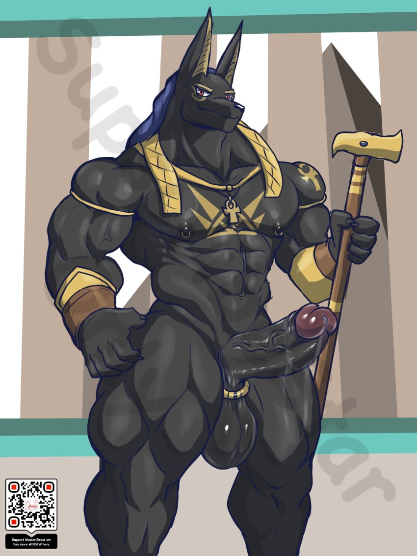 5_fingers abs absurd_res ankh anthro anubian_jackal anubis areola balls biceps big_balls big_penis biped black_body canid canine canis deity egyptian_mythology erection fingers genitals glans hi_res humanoid_genitalia humanoid_penis jackal male mammal masterelrest middle_eastern_mythology muscular muscular_anthro muscular_male mythology nipple_piercing nipples pecs penis piercing qr_code quads solo vein veiny_penis