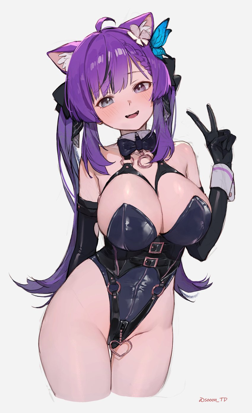 ahoge arm_behind_back ass_visible_through_thighs bare_legs bare_shoulders bare_thighs belt_buckle big_breasts black_gloves black_leotard blush braid breasts butterfly_hair_ornament cat_ears chest_harness cleavage crotch_zipper detached_collar earrings elbow_gloves fangs female front_zipper gloves hair_ornament heterochromia highleg highleg_leotard kemonomimi leotard long_hair open_mouth original peace_sign purple_eyes sideboob sooon standing strapless strapless_leotard thigh_gap thighs tongue twintails wrist_cuffs zipper