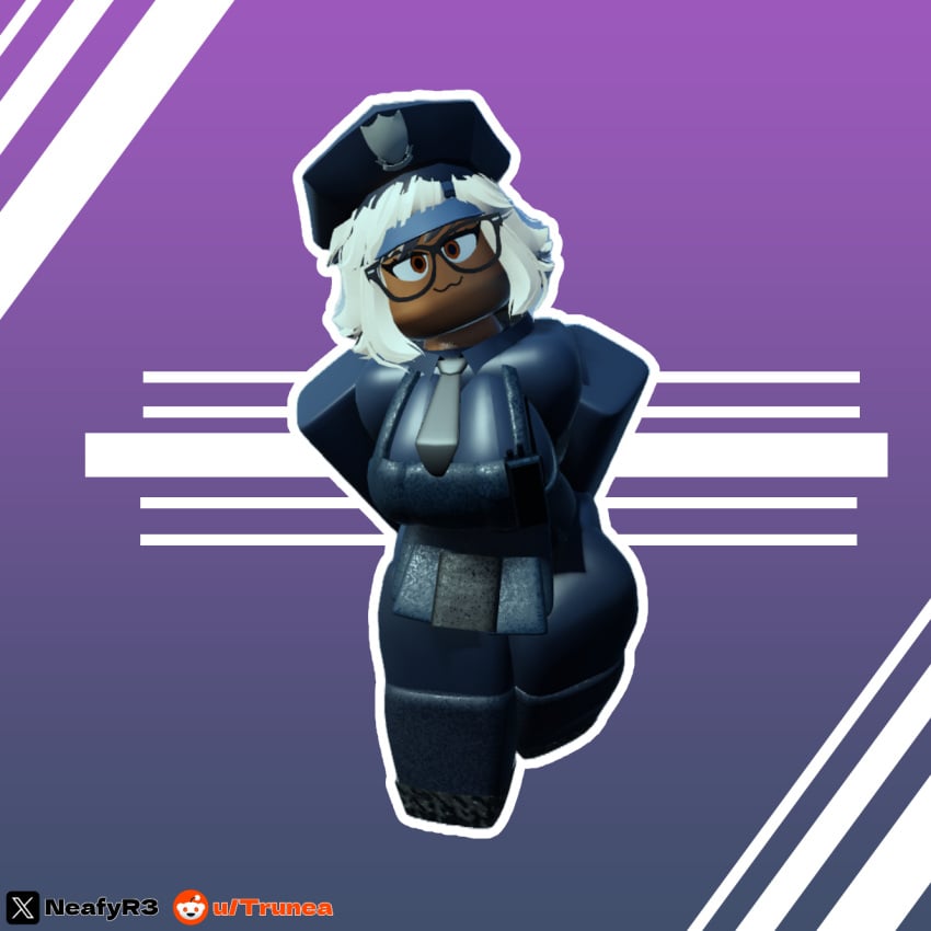 1girls 3d :3 
short_hair blue_clothing brown_eyes clothed dark_skin female glasses hat neafy police_officer police_uniform purple_background roblox roblox_avatar robloxian self_upload tagme white_hair