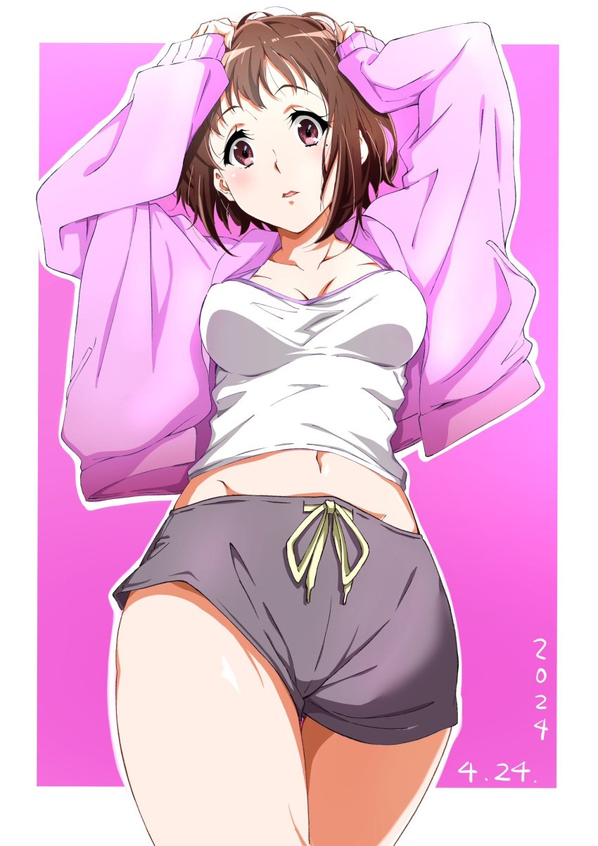 bare_belly bare_legs bare_thighs belly_button blush breasts brown_hair cleavage collarbone hibike!_euphonium long_sleeves medium_breasts mole mole_under_eye nakaseko_kaori open_jacket open_mouth pink_eyes pink_jacket shiny_skin short_hair shorts thick_thighs thighs tsuji643163271