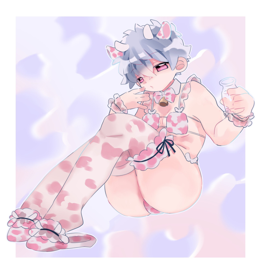 ass big_ass bowtie cow_bikini cow_boy cow_ears cow_horns cow_print cow_print_thighhighs cowbell detached_collar eyepatch_bikini femboy full_body gintama gintoki_sakata looking_at_viewer male male_only milk_bottle momioo33 pink_eyes slippers solo thick_thighs white_hair wide_hips