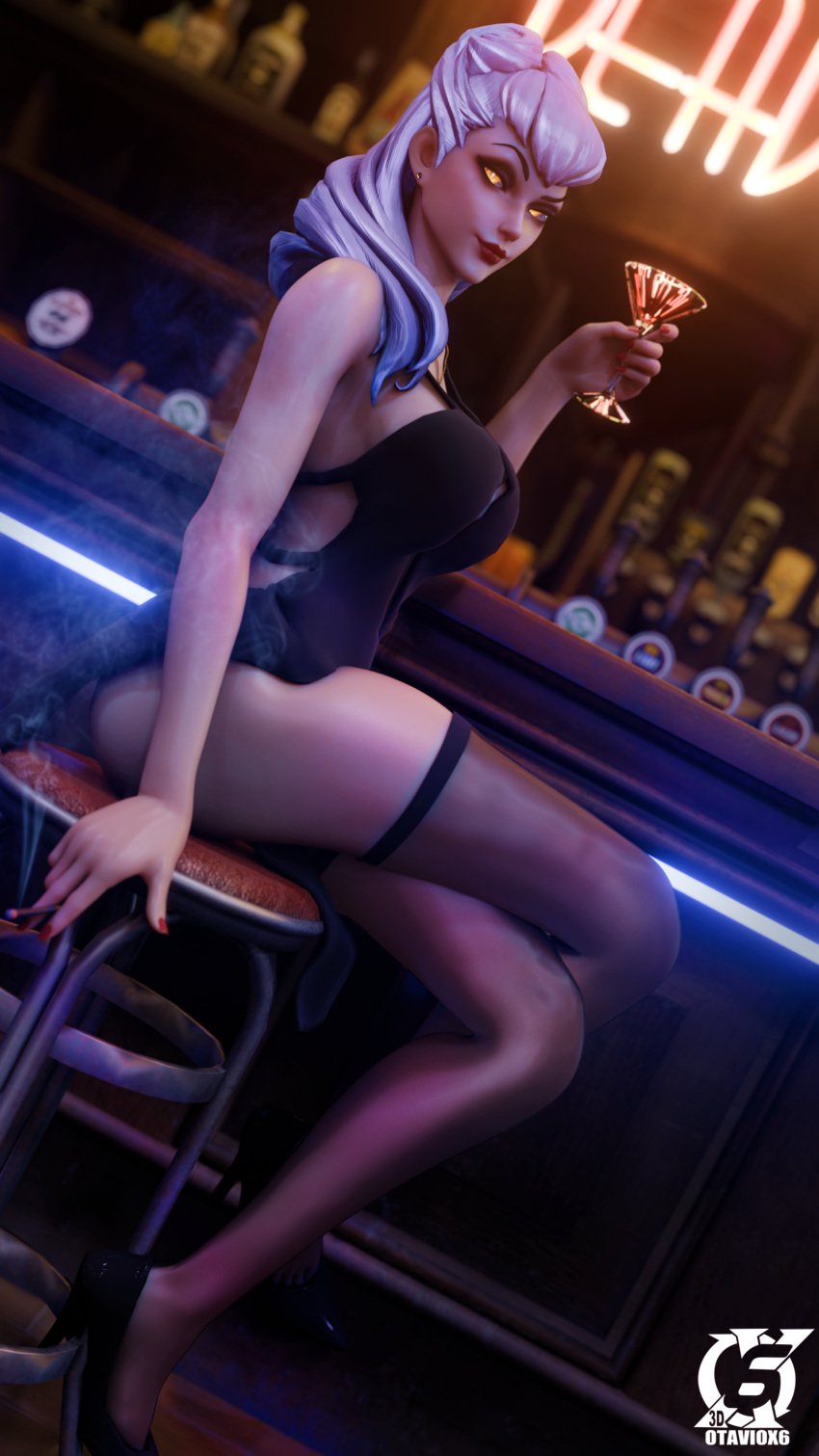 3d bar black_dress black_heels cigarette dress earrings evelynn heels high_heels holding_glass holding_object k/da_evelynn league_of_legends light-skinned_female looking_at_viewer otaviox6 red_lipstick red_nails riot_games smoking solo_female stockings yellow_eyes