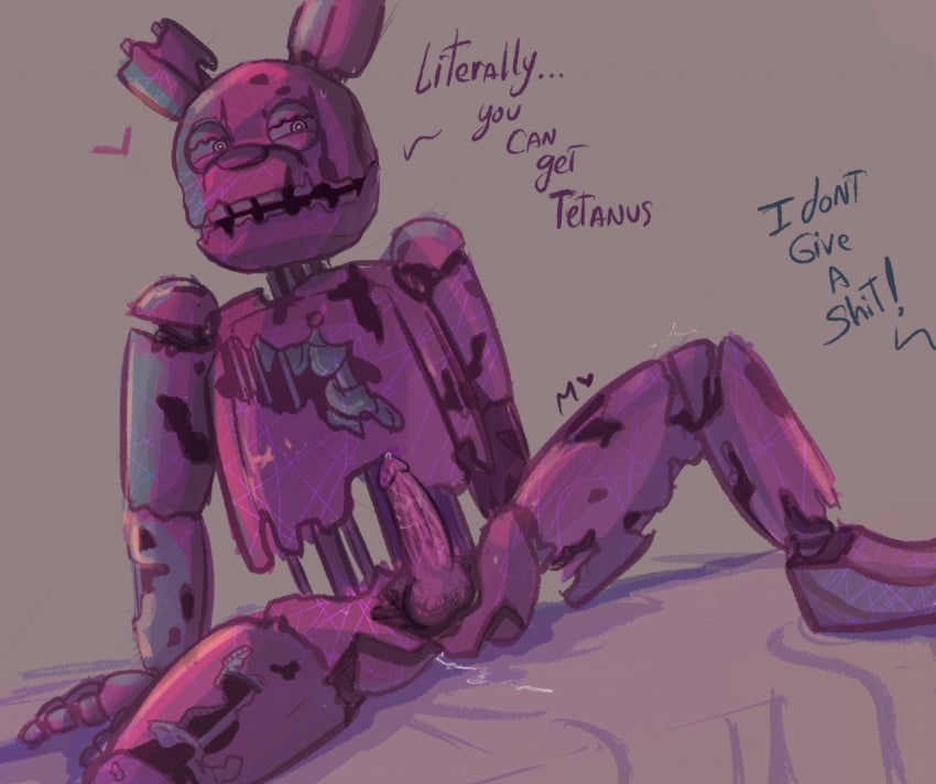 2022 animatronic ann00nm anthro balls bodily_fluids cum cum_on_ground dialogue digital_media_(artwork) ellipsis english_text exclamation_point five_nights_at_freddy's five_nights_at_freddy's_3 genital_fluids genitals gore lagomorph leporid machine male male_only mammal offscreen_character organs penis precum profanity rabbit robot scottgames solo springtrap springtrap_(fnaf) text undead zombie