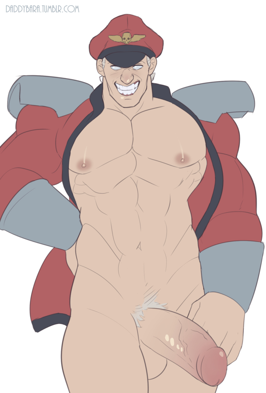 1boy abs bara bottomless erect_nipples evil_smile exposed_nipples half-erect m_bison machojuice male male_focus male_only muscles no_pupils open_jacket pecs penis presenting solo street_fighter teeth thick_penis undressing