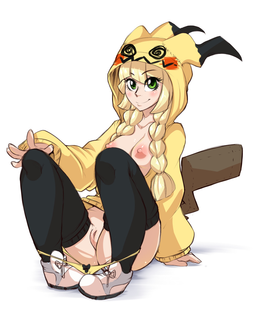 1girls arm_support black_legwear blonde_hair bottomless bow_panties braid breasts breasts_out cosplay fake_tail female green_eyes highres hood hoodie light-skinned_female light_skin lillie_(pokemon) long_hair looking_at_viewer mimikyu mimikyu_(cosplay) nipples panties panty_pull pokemon pokemon_(cosplay) pokemon_sm pussy rainbowscreen simple_background sitting smile sneakers solo tail thighhighs twin_braids underwear white_background yellow_panties