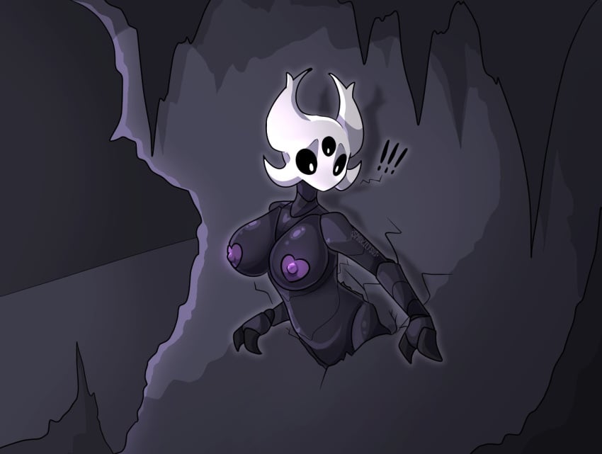 anthro arthropod breasts breasts_out female female_only heart_areola hollow_knight non-mammal_breasts stuck stuck_in_wall surprised through_wall topless topless_female vessel_(species)