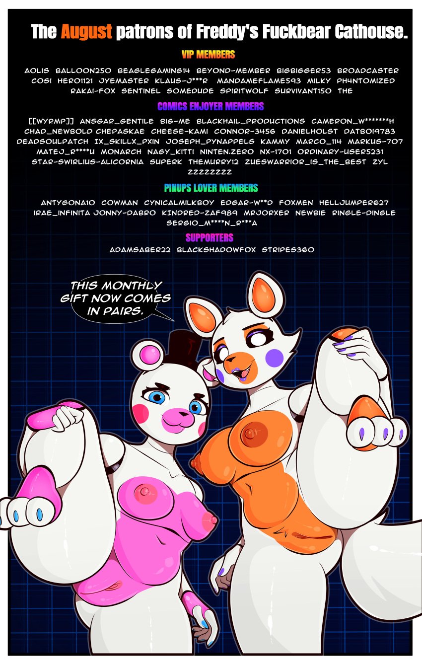 absurd_res bear black_sclera blue_eyes breasts canid canine clitoris clothing credits duo female female/female five_nights_at_freddy's five_nights_at_freddy's_world fox freddy_fuckbear's_cathouse_(kevwrite) genitals gradient_background hat headgear headwear helpy helpy_(fnaf) hi_res kevwrite legs_up lolbit_(fnaf) mammal orange_body pink_body pinup pose pubes pussy scottgames simple_background speech_bubble spread_legs spreading text white_body