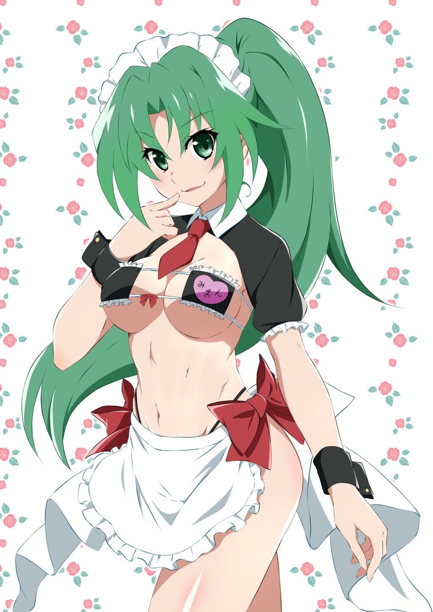 07th_expansion apron bare_arms bare_belly bare_legs bare_thighs belly_button big_breasts blush body_blush breasts cleavage eyepatch_bikini green_eyes green_hair higurashi_no_naku_koro_ni hip_bones long_hair maid_bikini maid_headdress mion_sonozaki necktie open_mouth ponytail shiny_skin sideboob smile thighs tsuji643163271 underboob wrist_cuffs