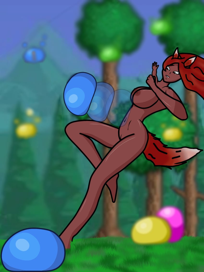 artist_request breasts forest_background fully_nude furry naked naked_female nude nude_female slim slime_(terraria) terraria zoologist_(terraria)