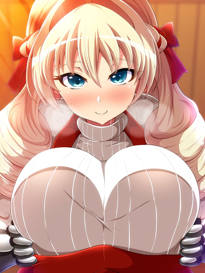 aokura_shou blonde_hair blue_eyes blush braid breasts breasts_hold commission commissioner_upload crown_braid drill_hair female huge_breasts looking_at_viewer red_ribbon ribbon scarlett_(unicorn_overlord) skeb_commission